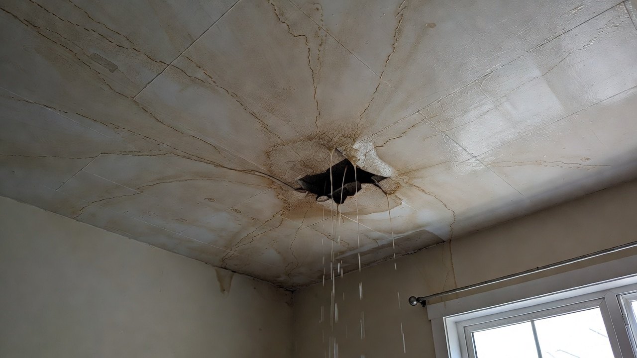 A ceiling that has failed: water staining radiating in cracks from a hole punched through the drywall, with water streaming down into the room