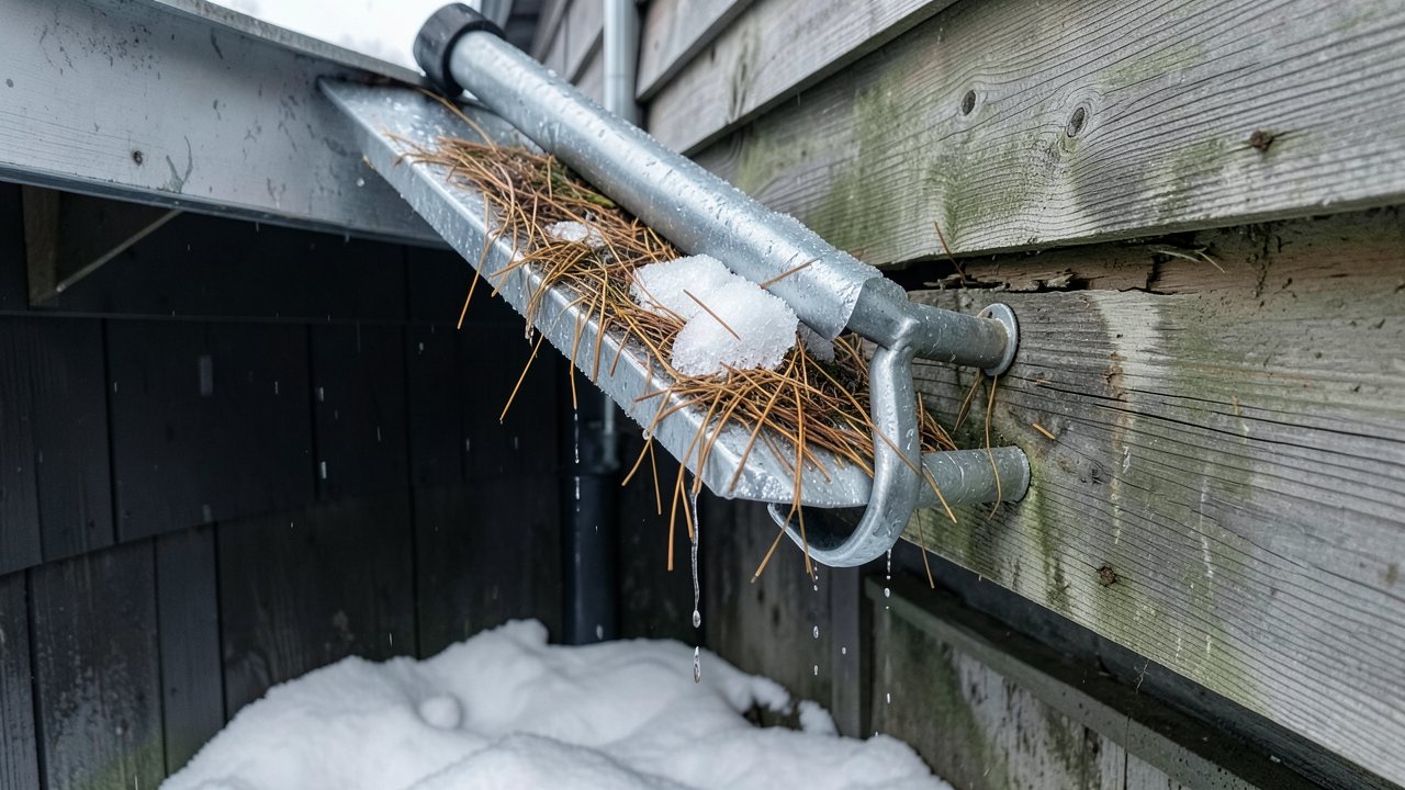 Gutter torn from the fascia, packed with ice and pine needles