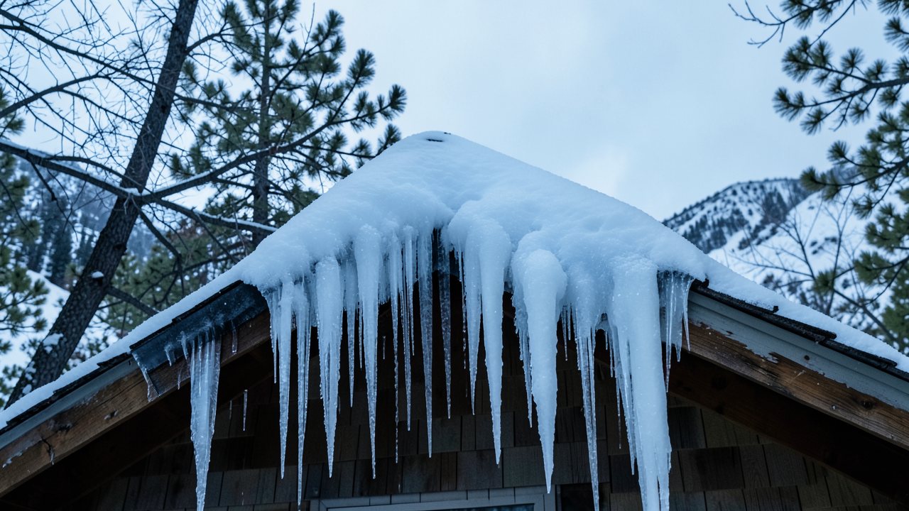 Thick ice dam and icicles along a roof eave