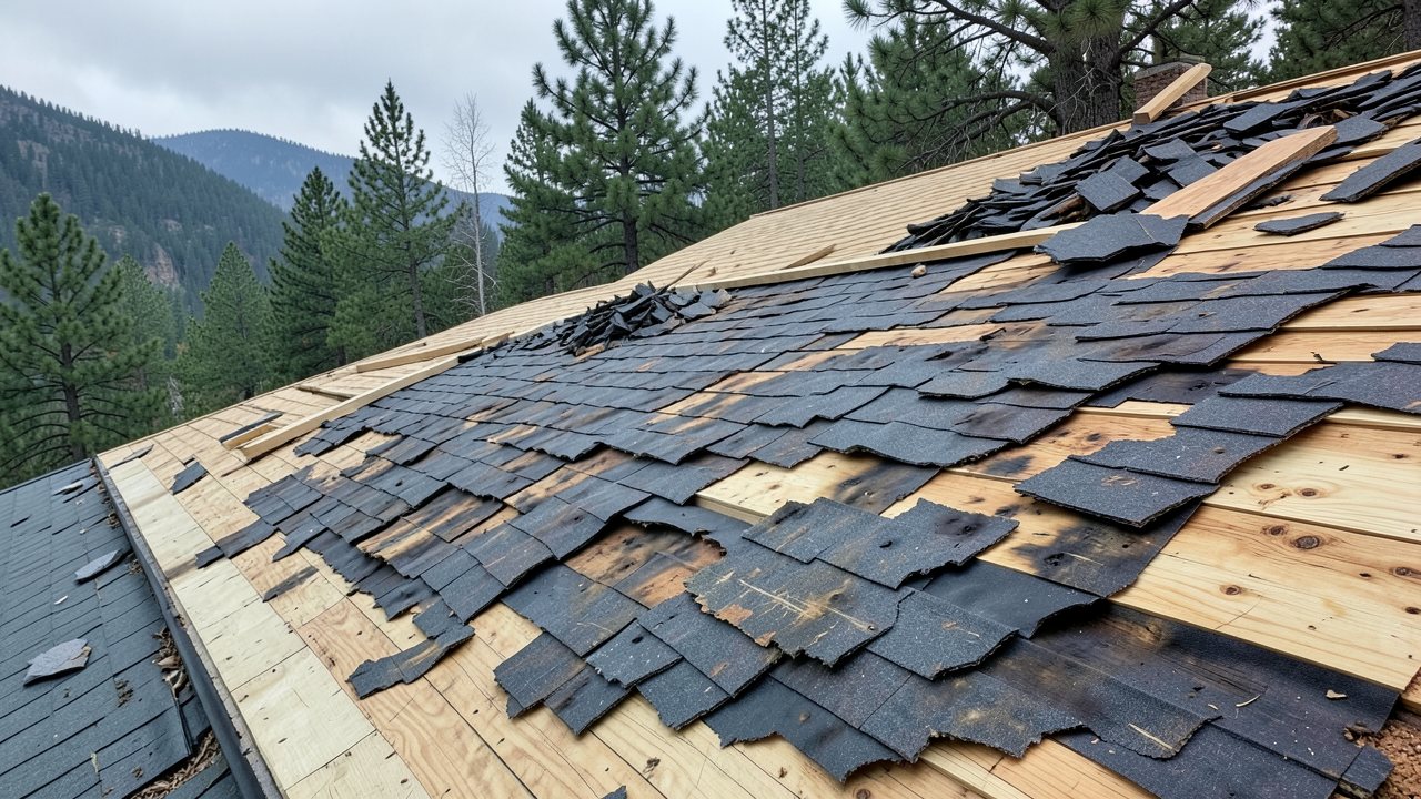 Roof tear-off in progress with rotted decking exposed