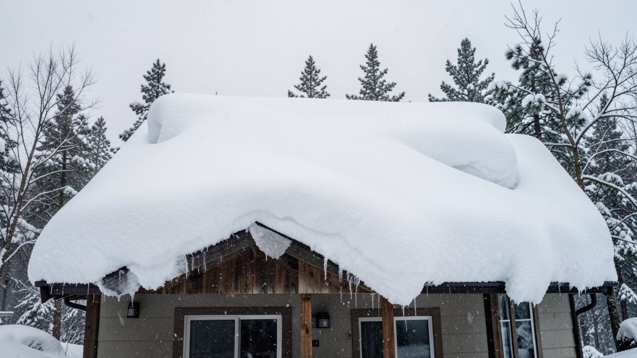 Deep wet snowpack sagging over the eave of a mountain home roof