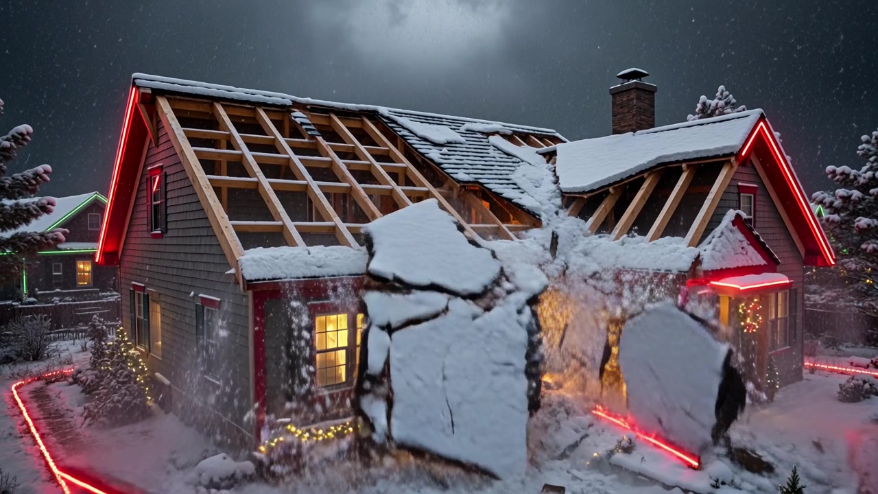 Dramatized illustration: a snowed-in mountain home with its roof caved in under the snow load